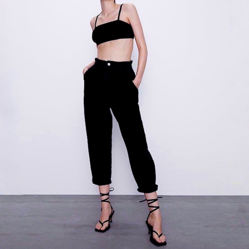 ZARA Black Paper Bag Stretch Waist Denim Jeans Size - Picture 2 of 8